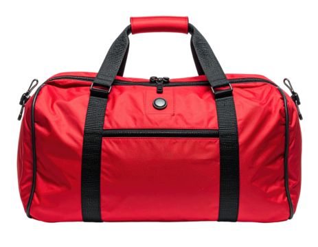 Bright red duffel bag with black straps and zipper detail, centered on black