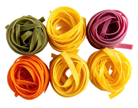 Six tightly-wound nests of various colored pasta, arranged on a black background - Powered by Adobe