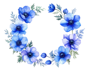 A watercolor wreath of vibrant blue flowers with dark centers and green foliage