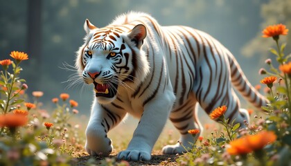 Symbolic Cybernetic White Tiger Displaying Strength In Scarlet Meadow