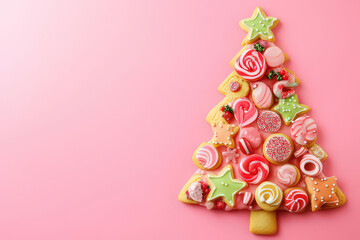 Christmas Cookie Tree With Colorful Sweets On Pink Background For Holiday Celebration, space for text, christmas card