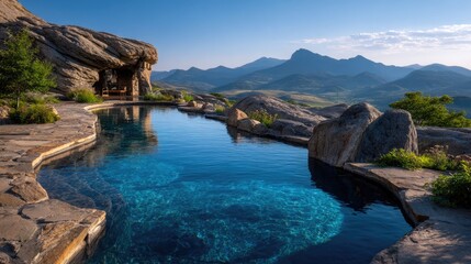 Obraz premium Natural Stone Pool with Rock Cave and Mountain Panorama