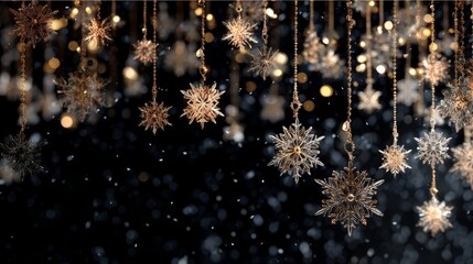 Elegant gold christmas tree lights with sparkling snowflakes and shimmering stars on a black background, perfect for festive holiday overlays, luxury winter greeting designs, and magical seasonal deco