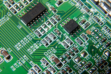 green electronic printed circuit board with assembled radio components