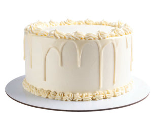 Elegant, round cake with white frosting, decorative top, and drip effect