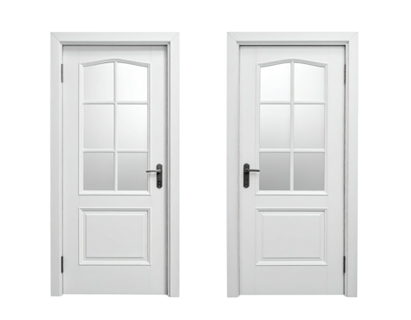 Two white, paneled interior doors with glass insets and black hardware