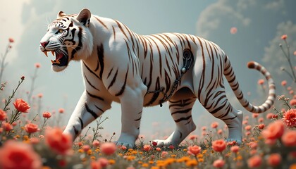 Futuristic Hybrid Tiger Standing Among Red Blossoms As A Symbol Of Power