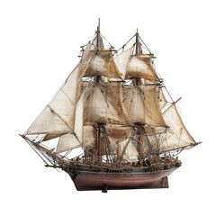 Detailed model ship, three-masted, wooden hull, and white sails