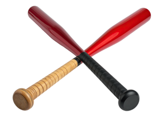 Two crossed baseball bats, one red, one wooden, on a transparent background