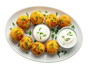 Overhead shot of golden-brown fried food with white dipping sauce on a white plate
