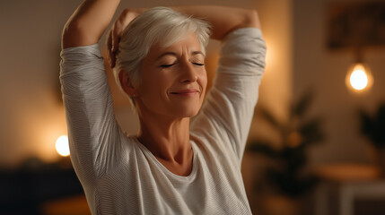 Senior woman stretching arms at home with smile.