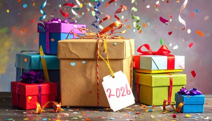 Exciting 2026 celebration with vibrant confetti and colorful gift boxes, perfect for party invitations, holiday promotions, and cheerful milestone announcements