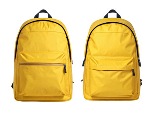 Fototapeta premium Two identical, vibrant yellow backpacks, front view, isolated on black background