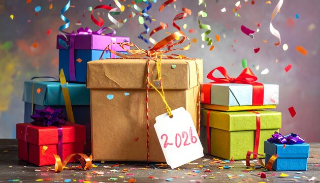 Exciting 2026 celebration with vibrant confetti and colorful gift boxes, perfect for party invitations, holiday promotions, and cheerful milestone announcements