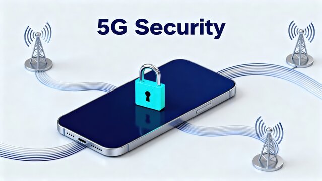 Network security system. 5G security concept with a smartphone and padlock symbolizing protection.