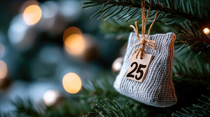crocheted Christmas themed advent calendar bag with inscription 25 hanging on decorated Christmas tree festive holiday detail