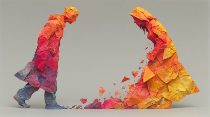 Abstract paper sculpture of two human figures in emotional separation