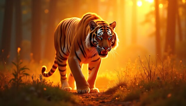 Futuristic Hybrid Tiger Glowing In Magical Crimson Blossom Meadow