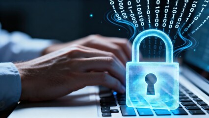 Network security system. A person typing on a laptop with a digital lock and binary code overlay.