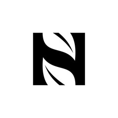 A minimalist and modern vector logo featuring the letter N cleverly integrated with two leaf shapes using negative space. The design is housed within a square, creating a strong, recognizable