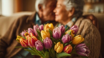 Romantic elderly couple embracing with colorful tulips bouquet