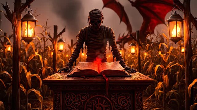 Mummy Casting a Spell From Ancient Book With Red Dragon Behind in Corn Field