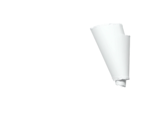 A white, paper cone-shaped object floats against a stark black background