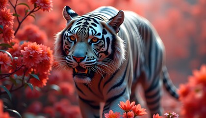 Hybrid White Tiger Resting Among Red Blossoms In Surreal Fantasy Scene
