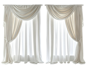 Two ivory window curtains, draped elegantly, with flowing sheer panels behind