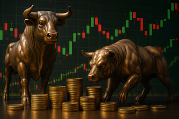 Bronze bull and bear statues face off amid gold coins and stock market charts.