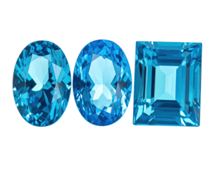 Three vibrant blue gemstones, oval and square cuts, against black
