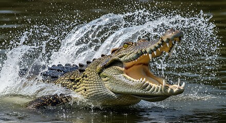Fototapeta premium Crocodiles Powerful Lunge - A Display of Aquatic Predation.
