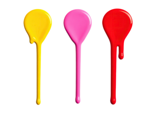 Three colorful paint drips, yellow, pink, and red, against a black background