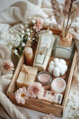 a wood box of beauty products