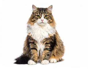 Obraz premium Fluffy Calico and Tabby Domestic Longhair Cat Sitting on White Background