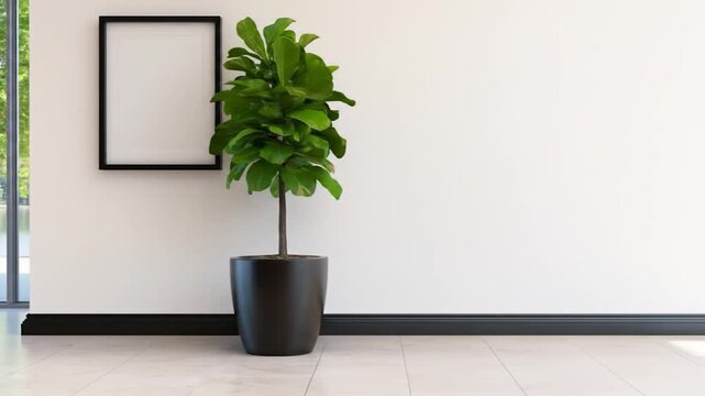 Fiddle leaf fig plant and empty frame in bright minimalist interior near window