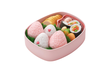 Adorable heart-decorated onigiri and sushi bento box perfect for a delightful meal