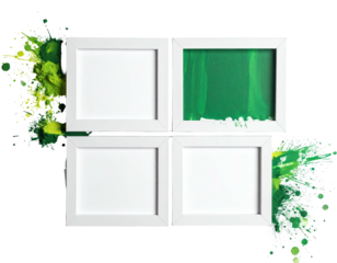 Four white square frames with a green painted canvas and vibrant splashes