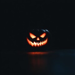 Spooky carved pumpkin with glowing orange light, featuring jagged teeth and menacing eyes, set against a dark background, creating an eerie Halloween atmosphere