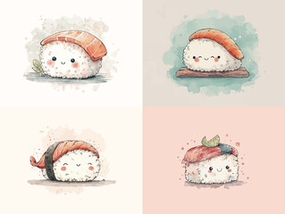 Four adorable sushi characters display various toppings and smiling faces.