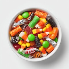 Colorful assortment of various candies in a white bowl, featuring gummy treats, chocolate, and seasonal favorites, creating a vibrant and festive display for celebrations