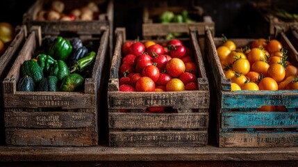 Colorful variety of tomatoes and peppers in old wooden market crates