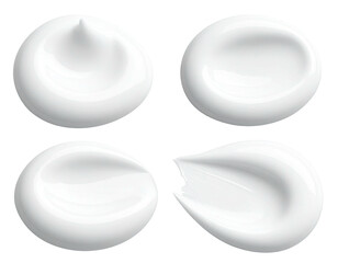 Four close-up views of smooth, white creams in varying textures and applications