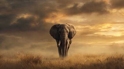 Obraz premium African elephant walking through a golden savanna at sunset with a dramatic cloudy sky.