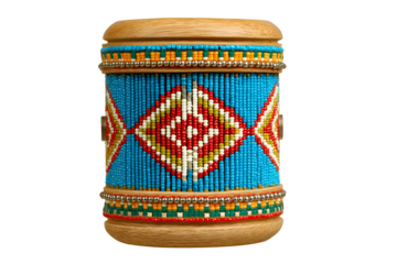 Vibrant beaded handcrafted cylindrical container with wooden accents offers unique cultural decor