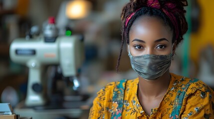 Woman wearing a mask working on sewing projects in a vibrant workshop during the day