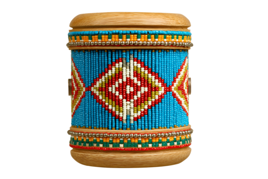 Vibrant beaded handcrafted cylindrical container with wooden accents offers unique cultural decor