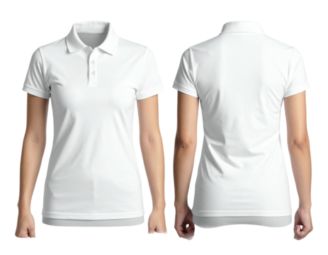 Front and back view of a white collared shirt on a model with natural skin tones