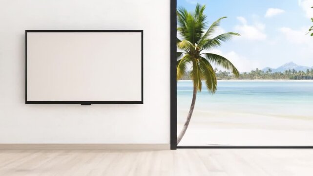 Interior view flat screen television display and tropical ocean view