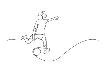 Soccer Player Kicking Ball, One Line Art, Isolated on White Background